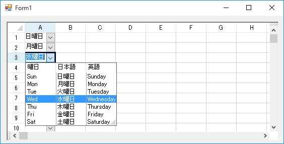 マルチカラムリストを表示するGcComboBox型セル