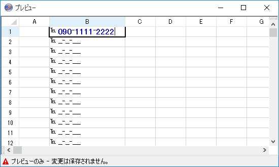 電話番号書式が適用されたGcMask型セル