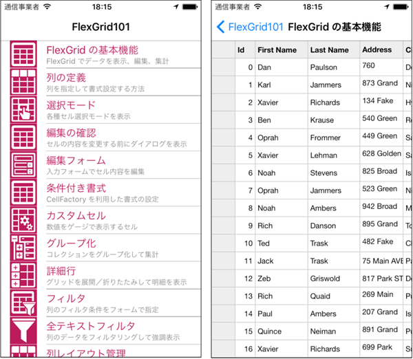 図4　FlexGridサンプルをiPhoneでの実行画面