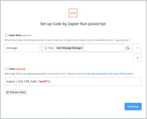 「Set up Code by Zapier Run Javascript」画面