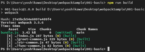 図2　「npm run build」実行時のコマンドライン表示（001-basic）