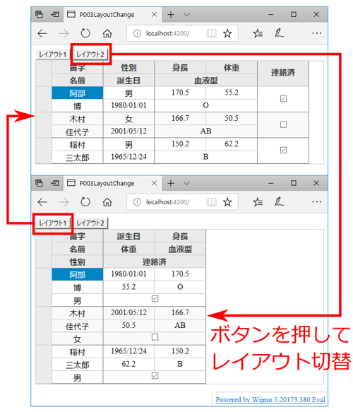 図8　MultiRowのレイアウトを切り替えるサンプル（P003-layout-change）