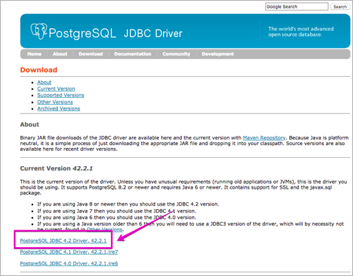 PostgreSQL JDBCダウンロード画面