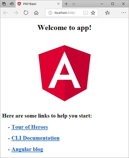 図2　Angular CLIで生成したプロジェクトの実行結果（P001-basic）