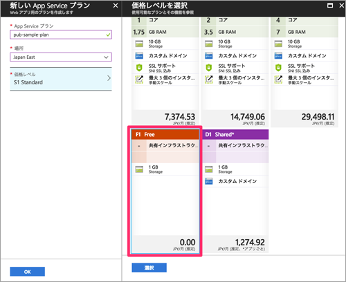 図4:App Serviceプランの新規作成