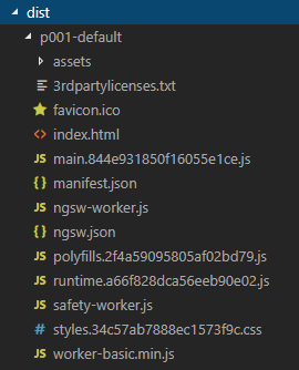 図2：「ng build --prod」のビルド処理で出力されたファイル（p001-default）