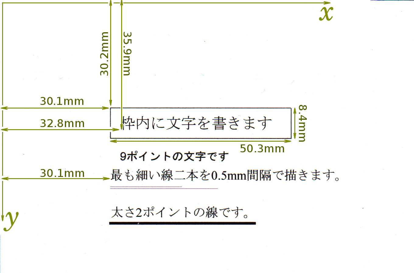 文字列と直線の印刷例：文字、四角形、直線の基本的な印字