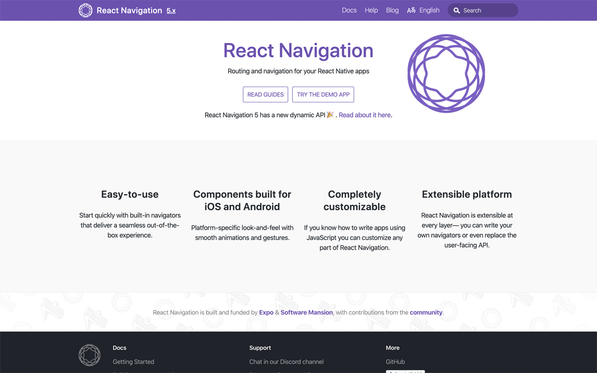 図2：React Navigationのウェブサイト