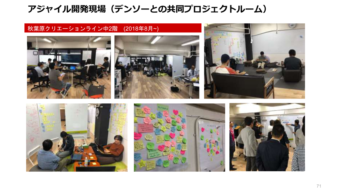 デンソー、クリエーションラインのメンバー、協力会社含めておよそ20名が集まってアジャイル開発を実践。ここでの働き方をつくるのにもジョイ・インクからの思想を取り入れている