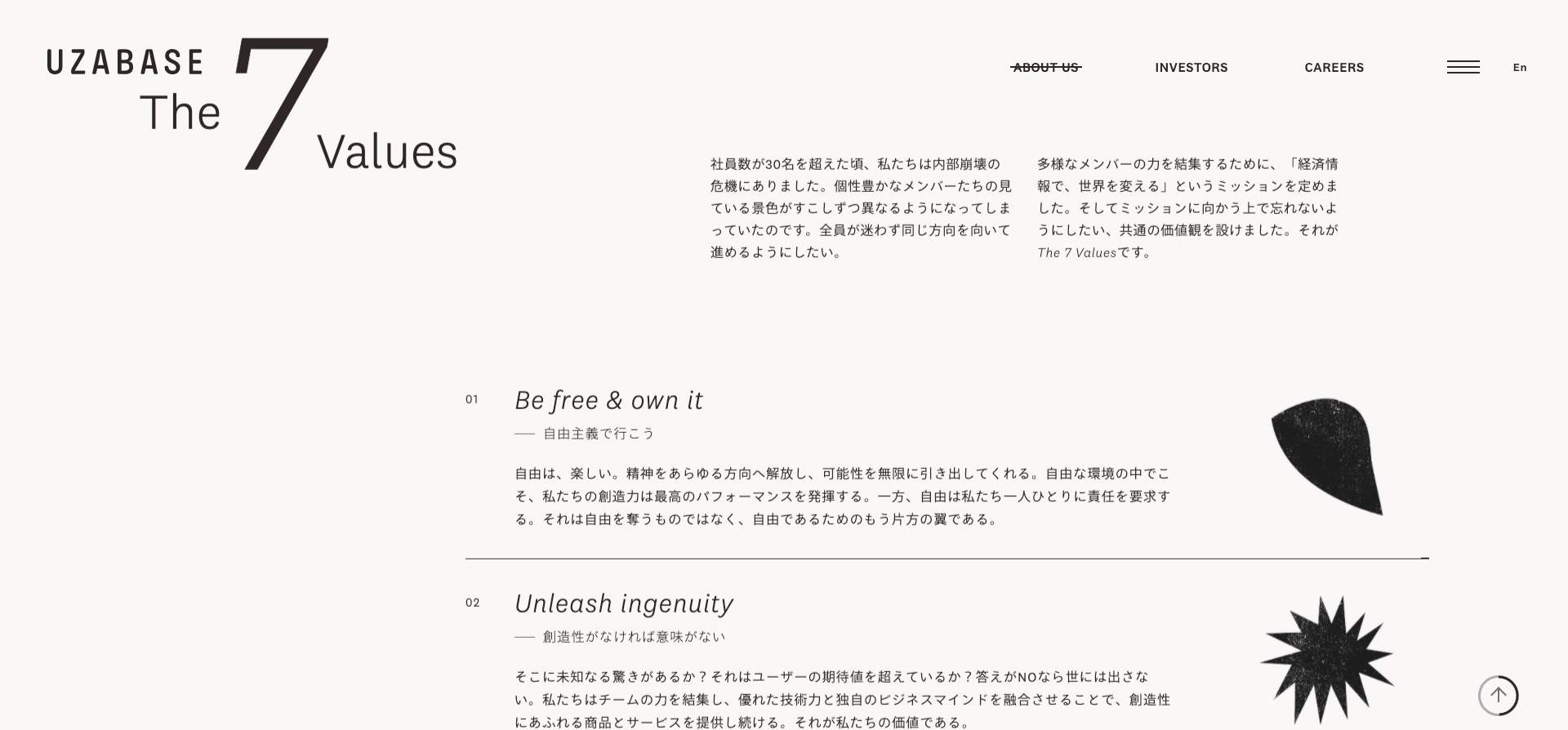 ユーザベースのコーポレートサイトより。社員に求める共通の価値観や行動指針が詳細に明文化されている。
