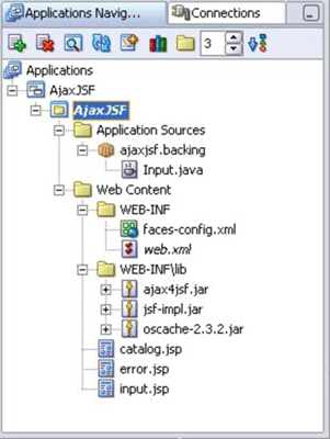 図2 ディレクトリ構造: Applications NavigatorにはAjaxJSFアプリケーションの階層ディレクトリ構造が表示される 図2 ディレクトリ構造: Applications NavigatorにはAjaxJSFアプリケーションの階層ディレクトリ構造が表示される