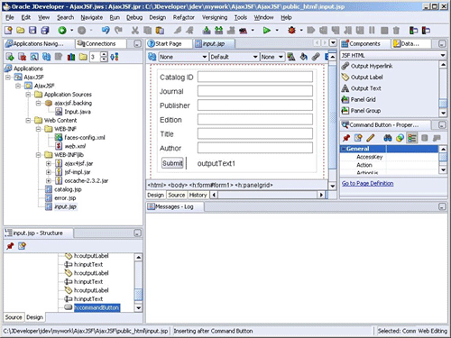 図3 フォームの作成: JDeveloper IDEのコンポーネントパレットを使って、5つのOutput LabelとInput Textコンポーネント、Command Buttonコンポーネント、およびOutput Textコンポーネントをパネルグリッドに追加する 図3 フォームの作成: JDeveloper IDEのコンポーネントパレットを使って、5つのOutput LabelとInput Textコンポーネント、Command Buttonコンポーネント、およびOutput Textコンポーネントをパネルグリッドに追加する