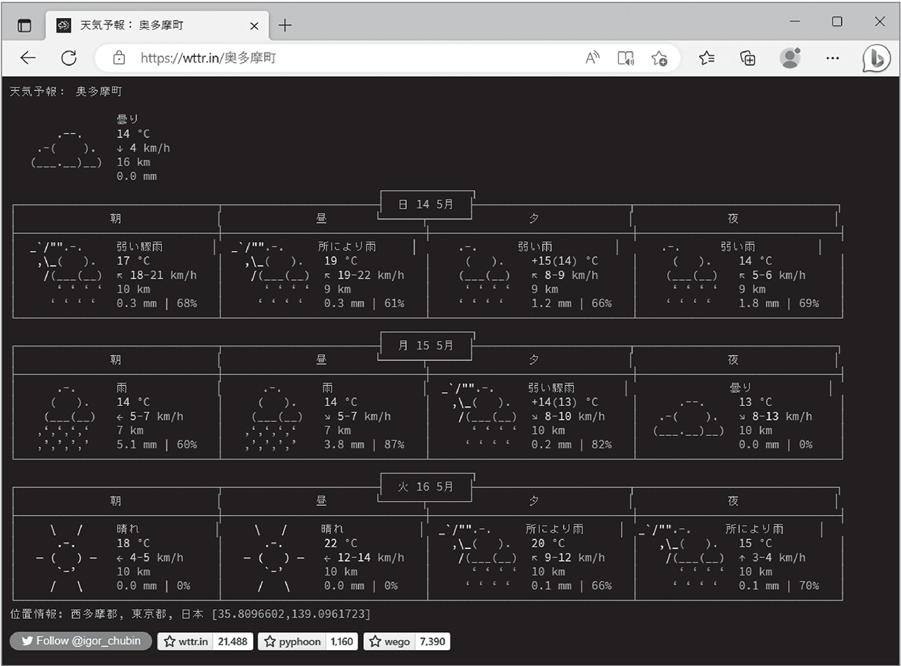 図1　「https://wttr.in/奥多摩町」のアクセス結果