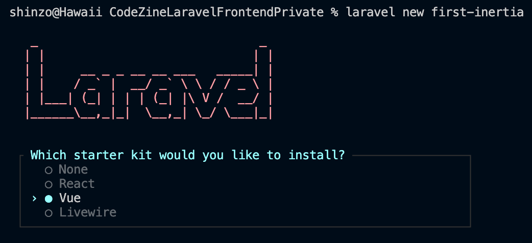図2:Laravelスタータキットによる質問1ではVueを選択