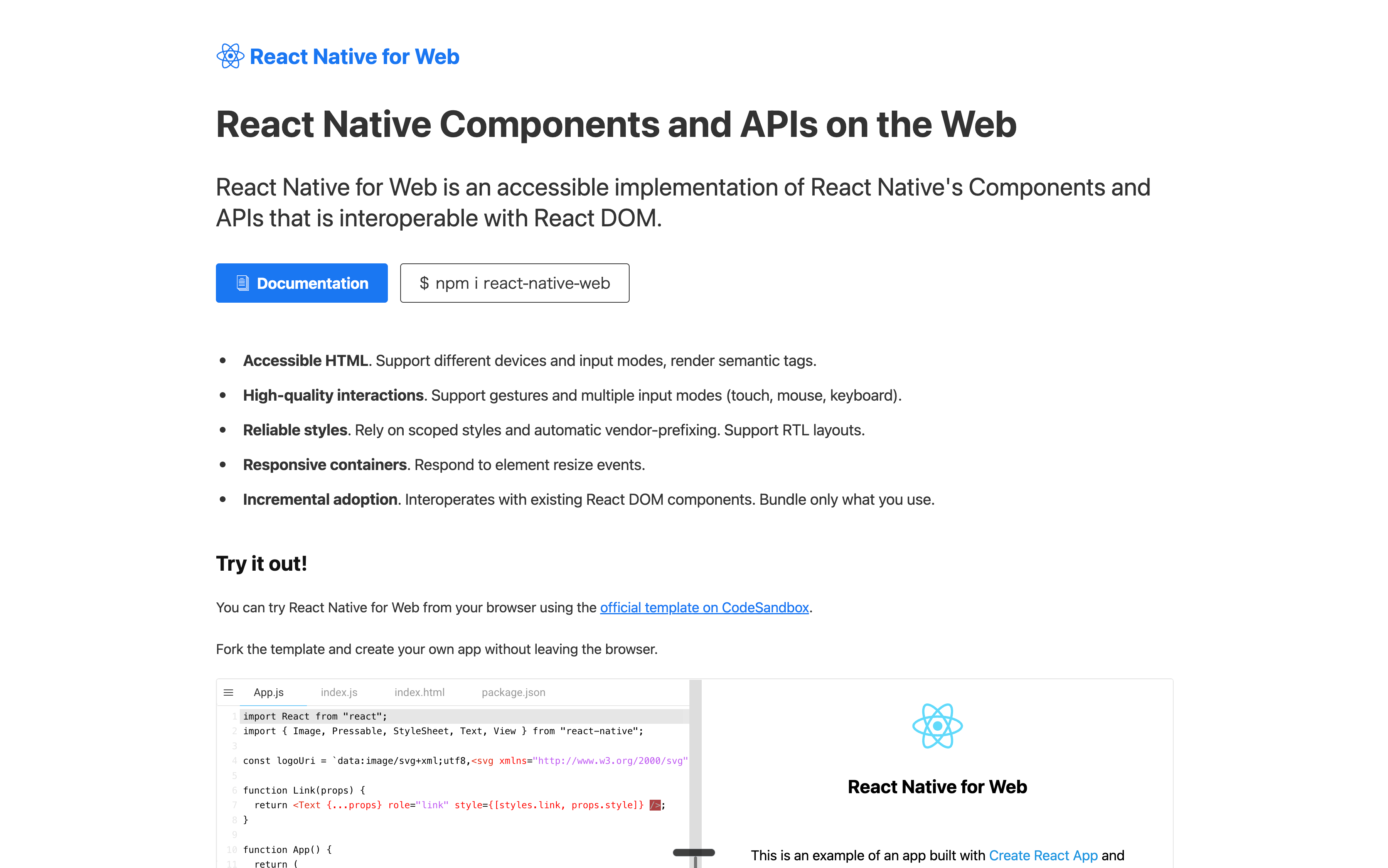 図1:React Native for WebのWebサイト