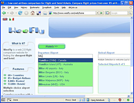 図1 WeeFlyのDeparture Airportフィールドで使われているオートコンプリータ。このフィールドに少なくとも3文字(この例ではMIL)を入力すると、一致する空港名のリストが表示されます。 図1 WeeFlyのDeparture Airportフィールドで使われているオートコンプリータ。このフィールドに少なくとも3文字(この例ではMIL)を入力すると、一致する空港名のリストが表示されます。