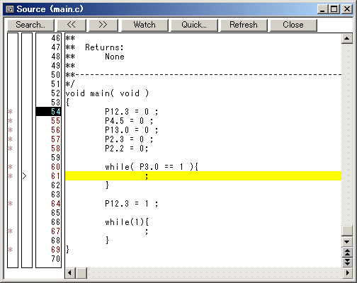 図8：一旦止めてみるとwhile文のどこかで止まる