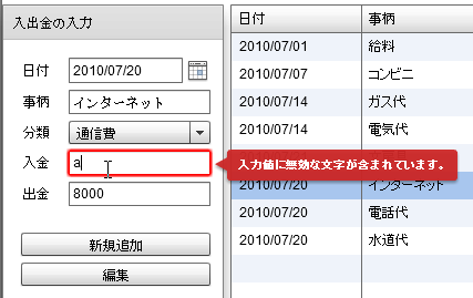 入力の誤りがあったフォームが赤い枠で囲まれ、メッセージを表示する