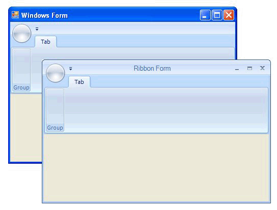 Windowsフォームをリボンフォームに変更した場合と、テンプレートからリボンフォームを作成した場合の外観の違い（ヘルプファイルより抜粋）