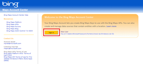 Bing Mapsへのサインイン