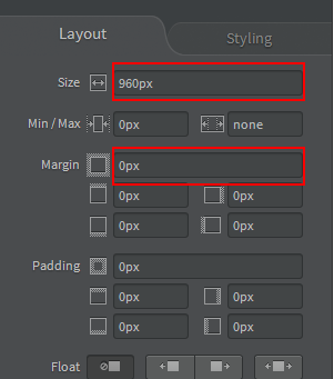 図8　Layoutパネル：size（widthプロパティ）を960px、Marginを0pxにする