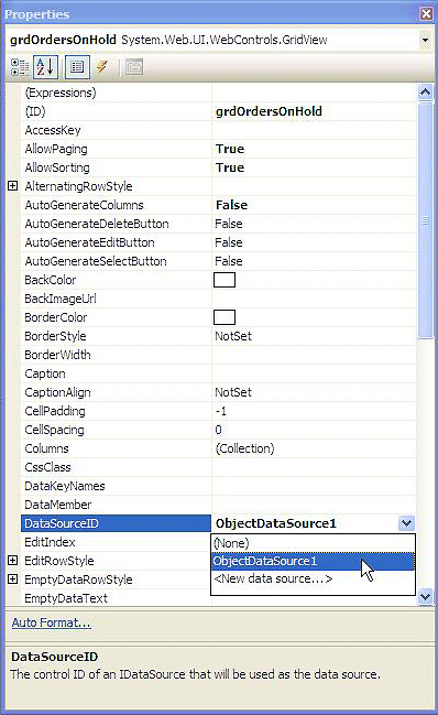 図5 GridViewを作成し、DataSourceIDやその他のプロパティを設定する 図5 GridViewを作成し、DataSourceIDやその他のプロパティを設定する