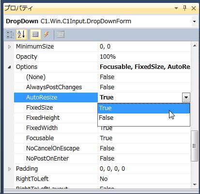 Optionsプロパティを展開しAutoResizeプロパティをTrueに設定