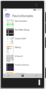FlexGridのサンプルプログラム（Windows 10 Mobileエミュレーターで実行）