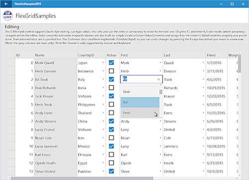 FlexGridはデータの編集もサポートしています
