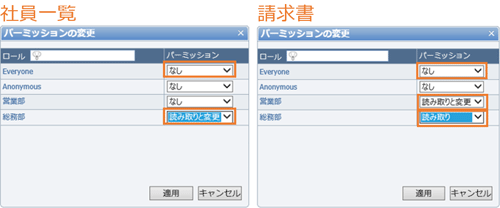 「社員一覧」と「請求書」のパーミッションの設定