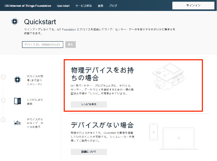 IBM Internet of Things Foundation Quickstartの「物理デバイスをお持ちの場合」