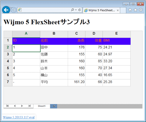 図3　FlexSheetにデータや数式を設定して表示（003_wijmo_flexsheet3.html）