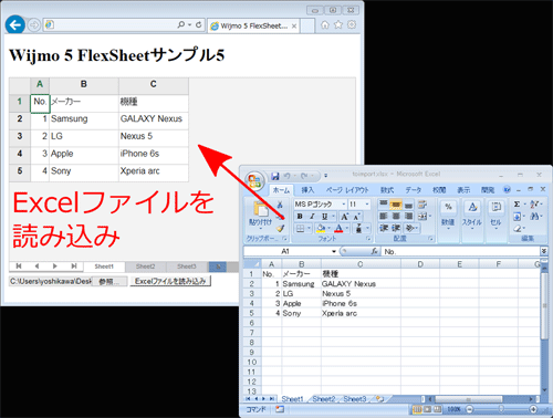 図7　Excelファイルを読み込んでFlexSheetに表示（005_wijmo_flexsheet5.html）