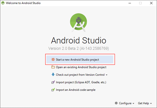 図2　Welcome画面の「Start a new Android Studio project」をクリック