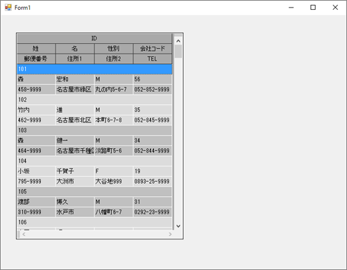 MultiRowサンプルの実行結果