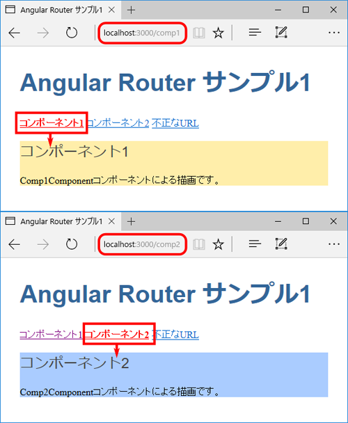 図1　ルーターでコンポーネントを切り替え表示（angular-001-router1）