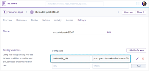 図5　Heroku Postgres の設定変数（［Reveal Config Vars］ボタンをクリックし、設定内容を表示させたところ）