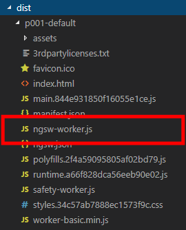 図11：ビルド後のファイルに含まれるngsw-worker.js（p001-default）