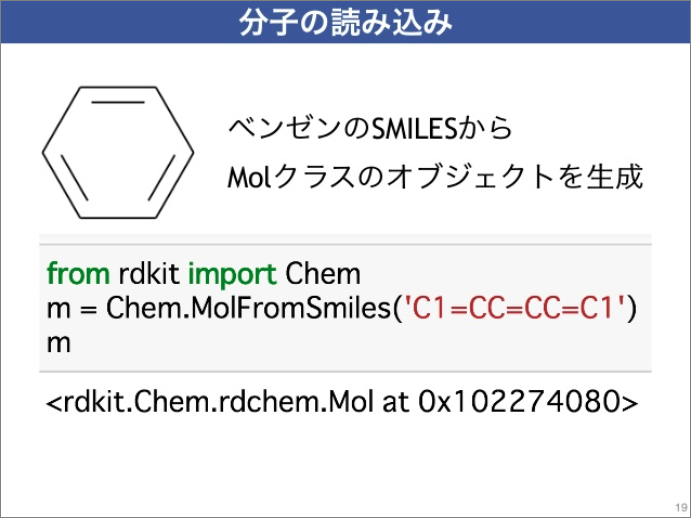 分子の読み込み　ベンゼンのSMILESからMolクラスのオブジェクトを生成（講演資料より抜粋）