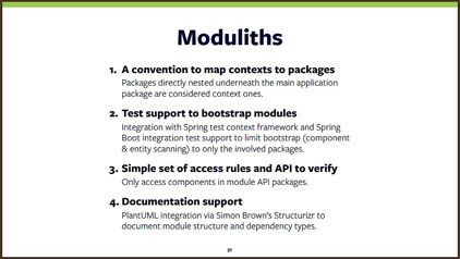 Modulithの提供する規約と機能（Spring by Pivotalの「Building Better Monoliths: Implementing Modulithic Applications with Spring」より引用