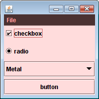 MyMetalThemeのテーマを使ってMetalルックアンドフィールを表示したところ。