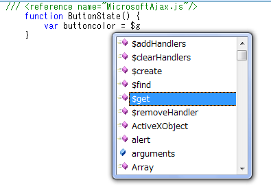図38 JavaScriptファイル上でのMicrosoft AJAX Libraryのインテリセンス呼び出し