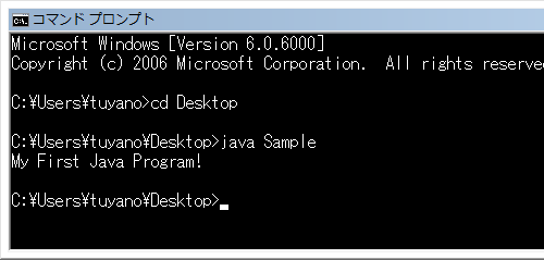図3　javaコマンドを使ってプログラムを実行する。ファイル名に.classはつけないようにする。