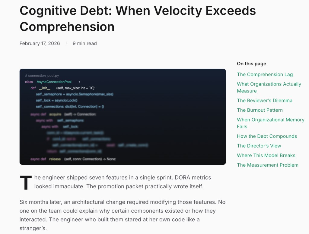 Cognitive Debt: When Velocity Exceeds Comprehension（Rockoder）