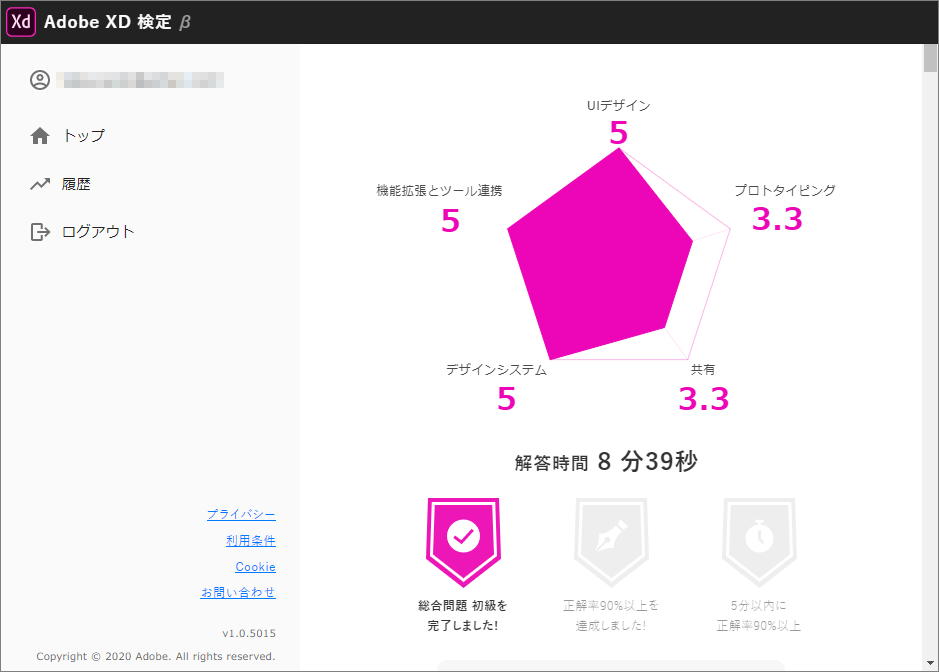 「Adobe XD 検定」では5つのカテゴリーで理解度を分析してくれる