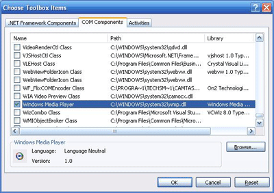 図10　ツールボックスにWindows Media Player ActiveXコントロールを追加