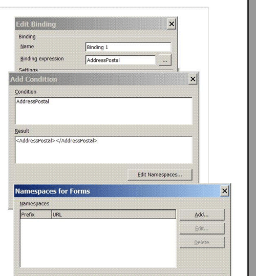 図5　インスタンスに名前空間を追加するには、一連の操作を経て［Namespaces for Forms］ダイアログを表示する