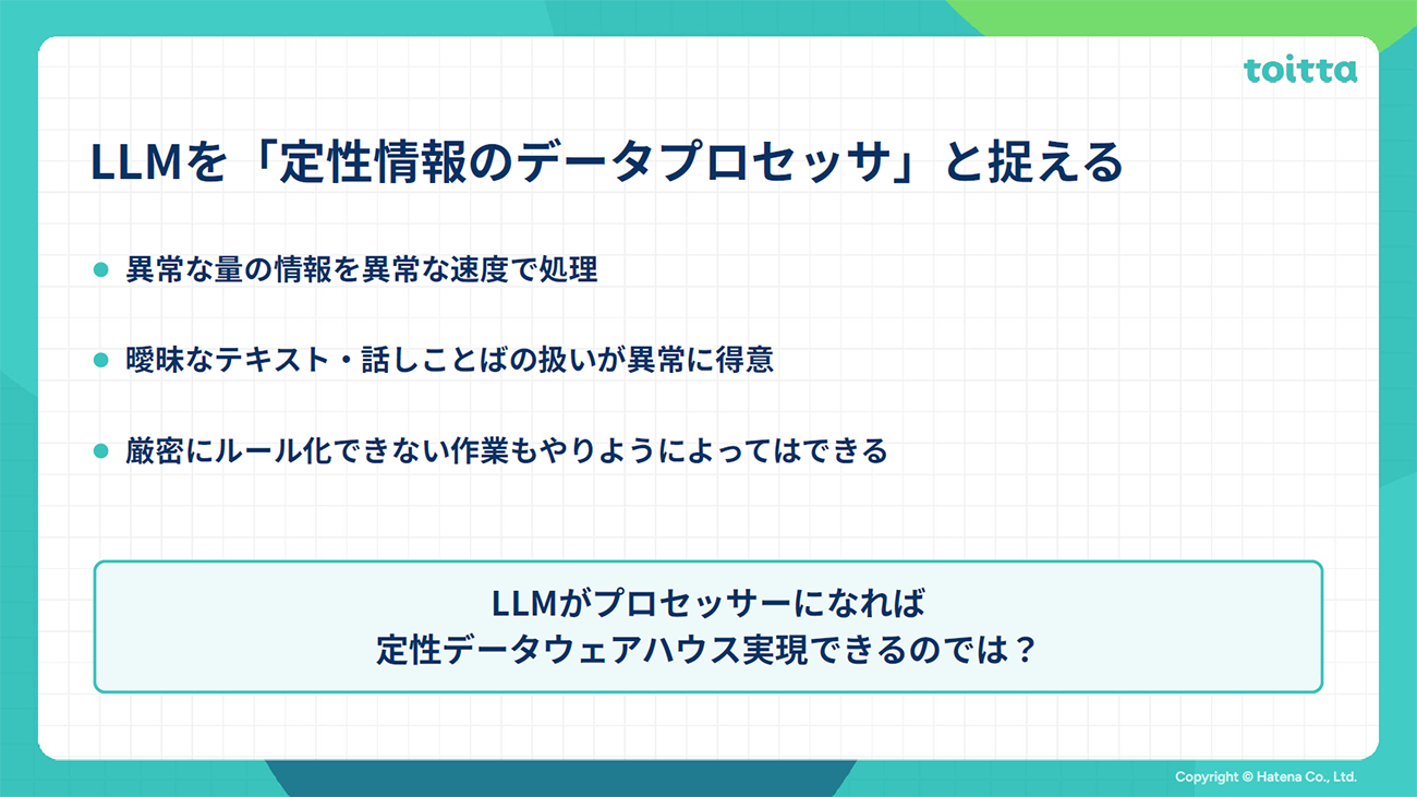 LLMをプロセッサにして定性データウェアハウスを構築する概念図