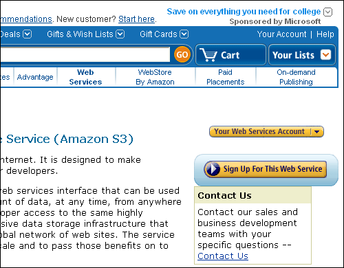 Amazon S3のWebページ（右上）