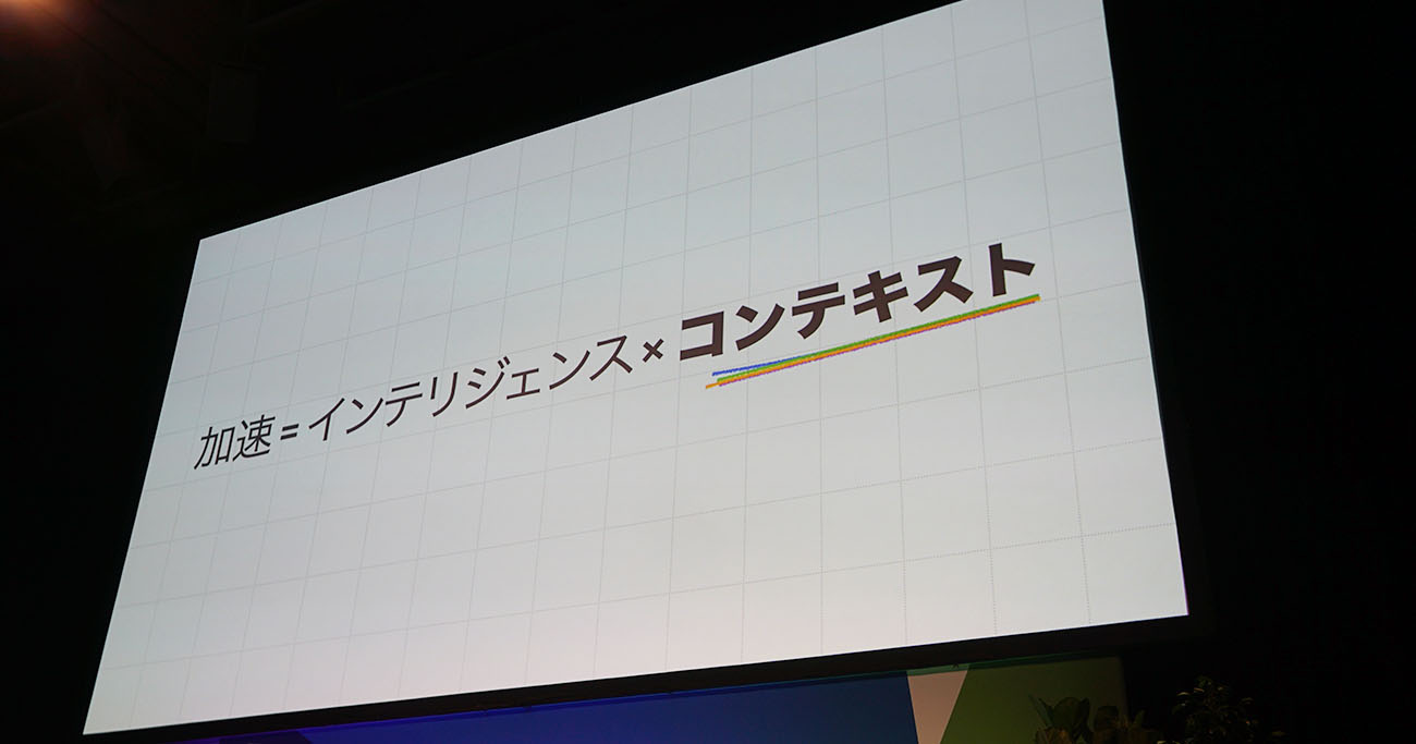 基調講演で示された「ビジネスの推進力＝インテリジェンス×コンテキスト」のスライド
